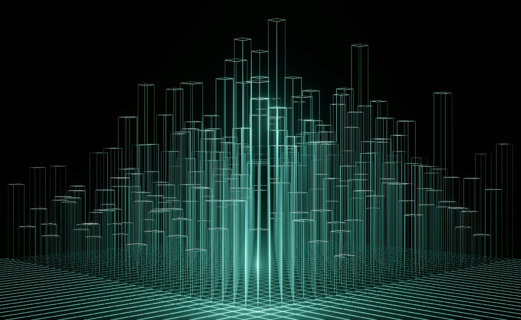 Wireframe data grid visualizing autonomous AI agent activity